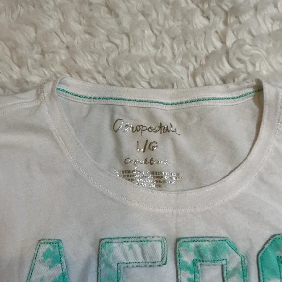 Aeropostale Aero CA Graphic Tee White Turquoise Y2K Baby Tee Size L/G - Picture 2 of 3